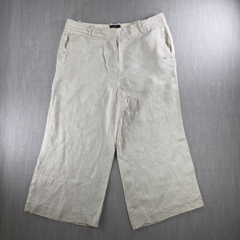 J.Crew Wide Leg Pants Womens 12 Beige Herringbone 100% Linen Cropped Trouser